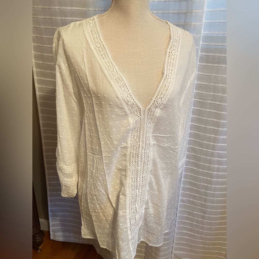 White Pin Dot Embroidery sheer blouse NWT